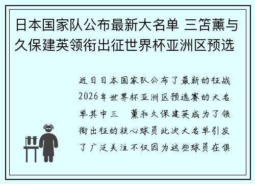 日本国家队公布最新大名单 三笘薰与久保建英领衔出征世界杯亚洲区预选赛